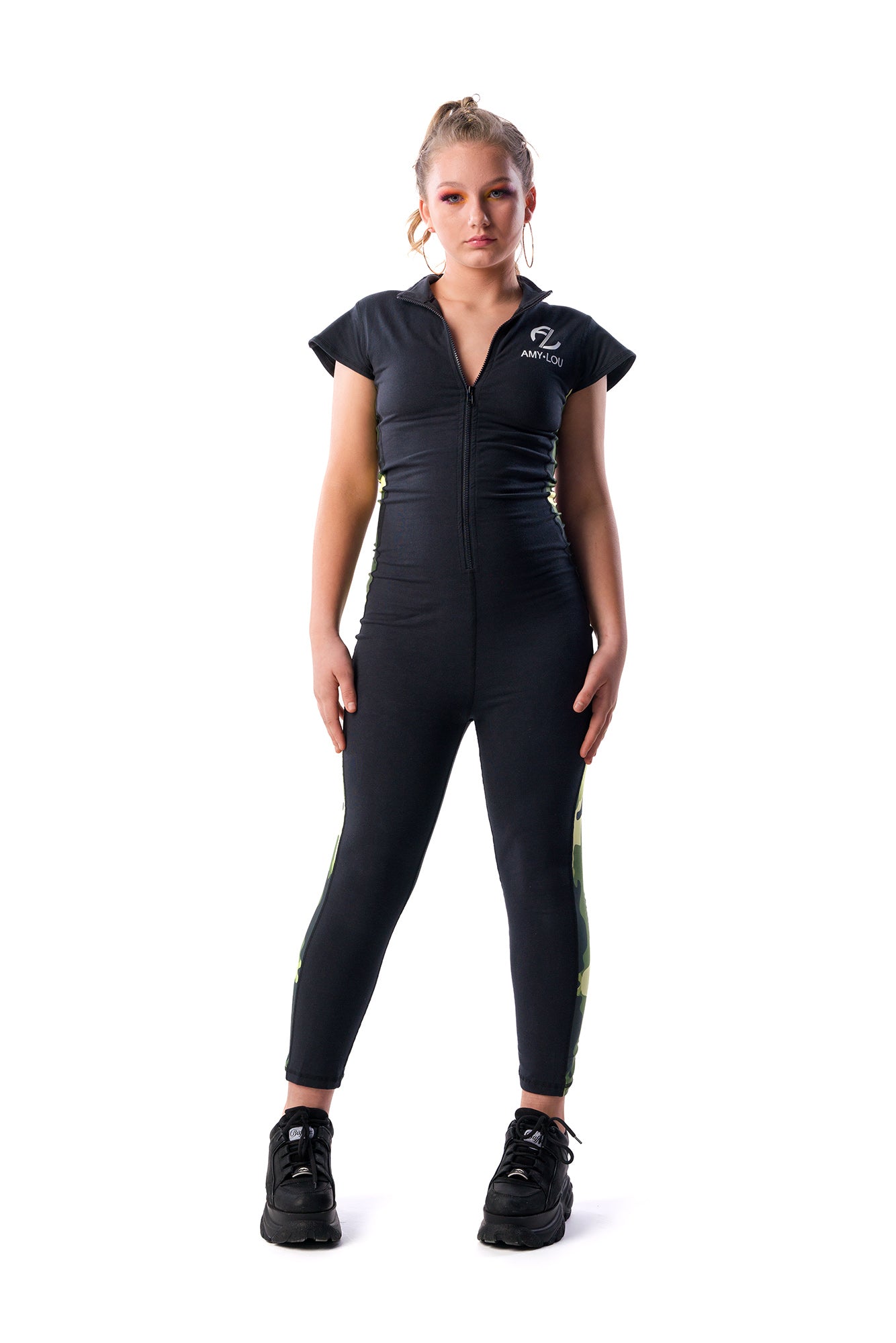 Black/Camo Zip Front Jumpsuit